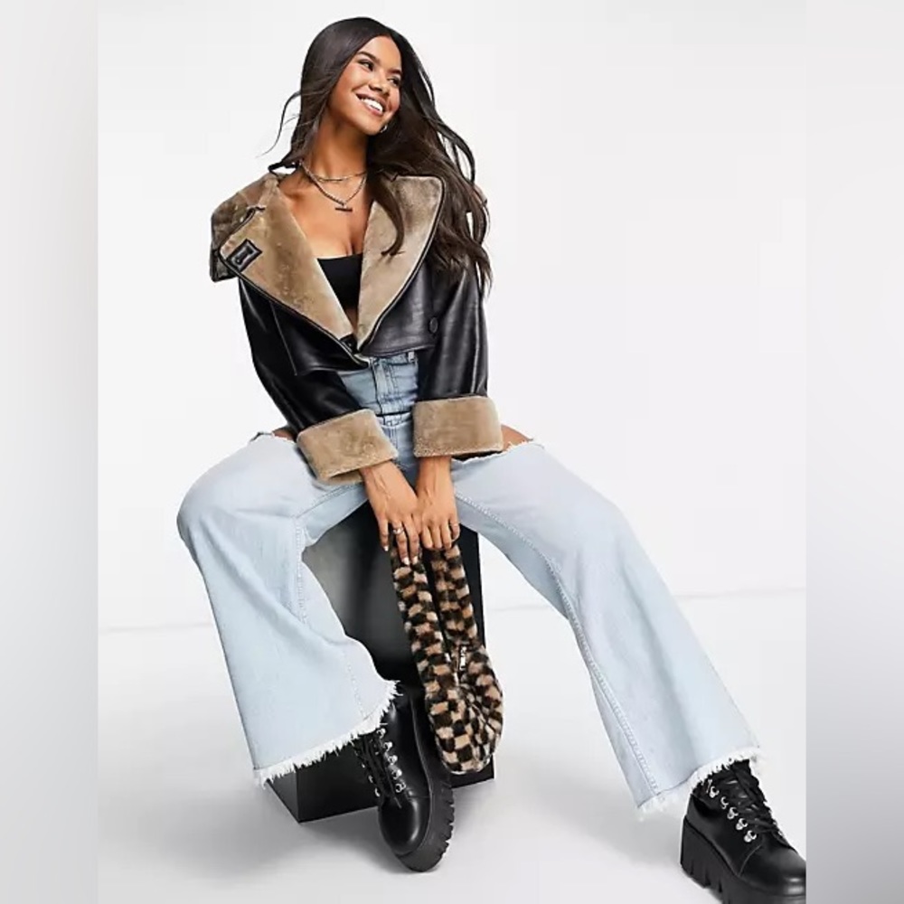 ASOS DESIGN bonded luxe cropped aviator jacket in black